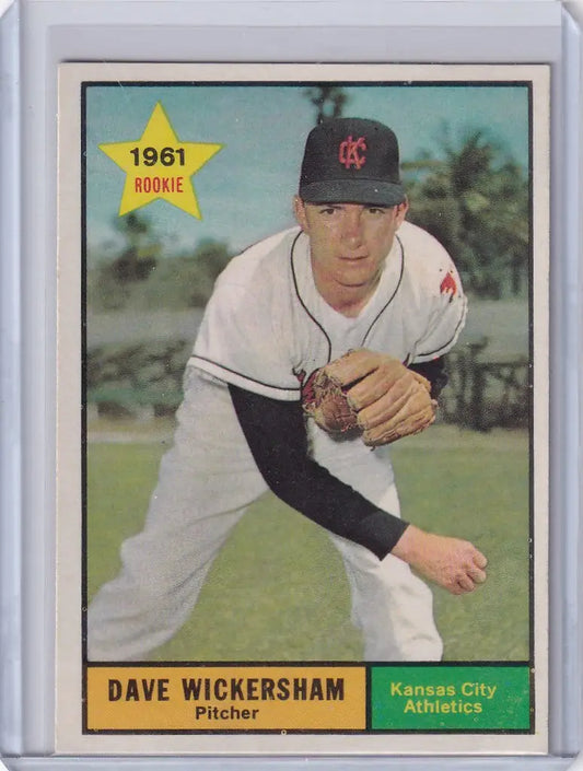 Baseball card of Dave Wickersham in a pitching stance for Kansas City Athletics