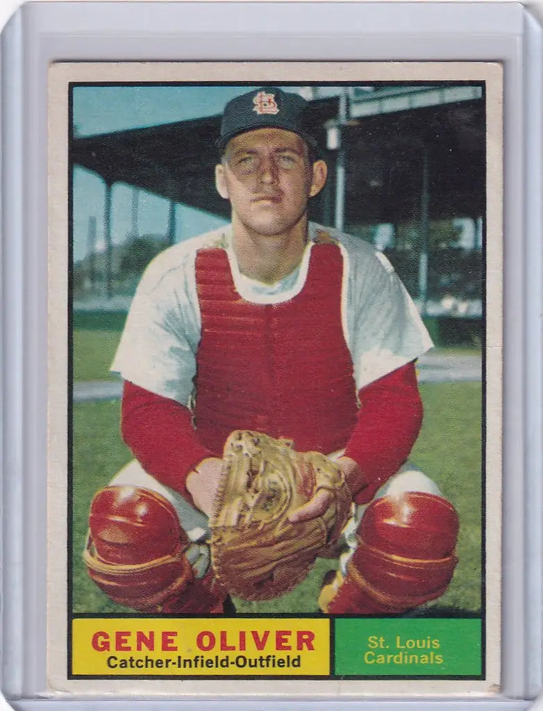 Vintage baseball card of Gene Oliver in catching position for St. Louis Cardinals trading cards