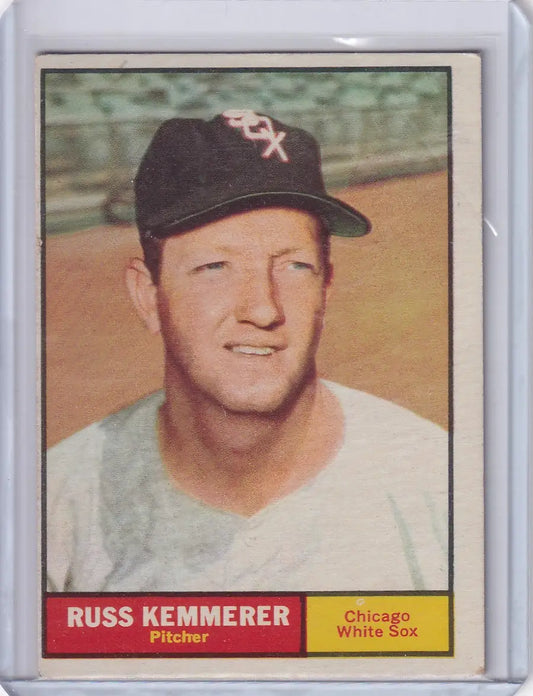 Vintage 1961 Topps Russ Kemmerer baseball card featuring Chicago White Sox pitcher