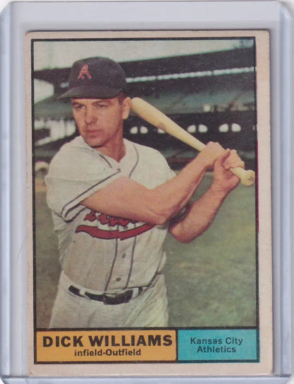Vintage 1961 Topps Dick Williams baseball card of Kansas City Athletics player batting