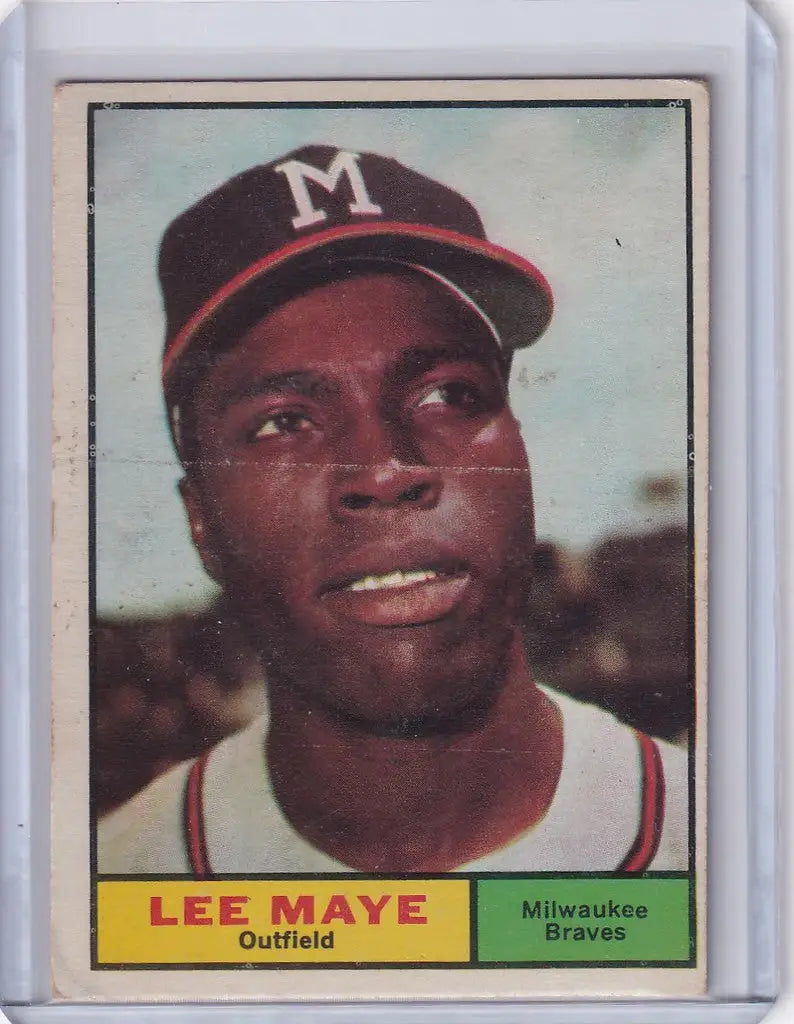 Lee Maye trading card from 1961 Topps featuring Milwaukee Braves outfielder