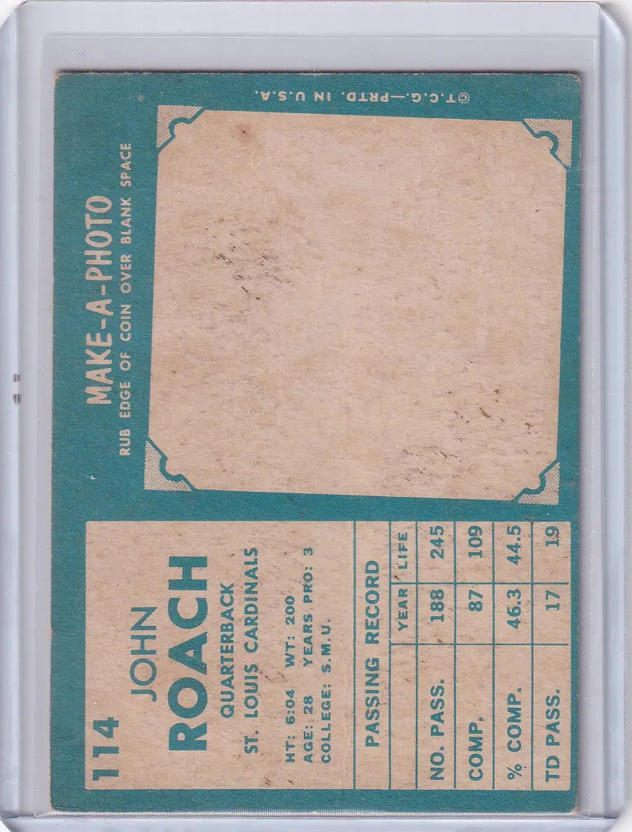 Vintage Topps Football card featuring John Roach of the St. Louis Cardinals with stats