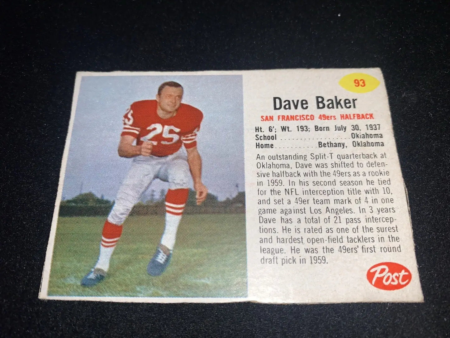 Vintage post cereal football trading card of Dave Baker San Francisco 49ers RARE SP