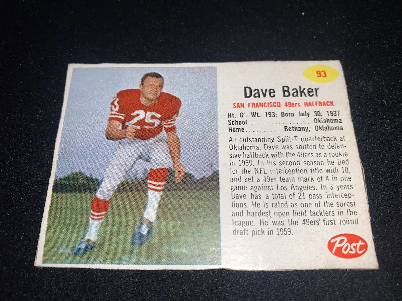 Vintage post cereal football trading card of Dave Baker San Francisco 49ers RARE SP