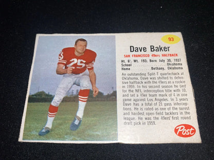 Vintage post cereal football trading card of Dave Baker San Francisco 49ers RARE SP