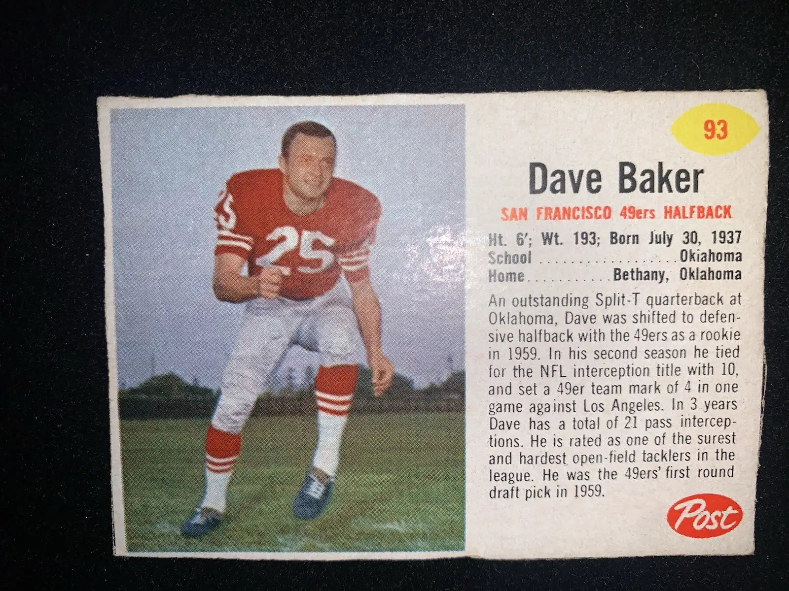 Vintage American football trading card featuring 1962 Post Cereal Football San Francisco 49ers