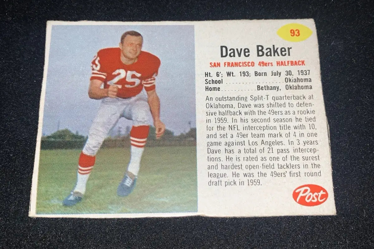 Vintage post cereal football trading card of Dave Baker San Francisco 49ers RARE SP