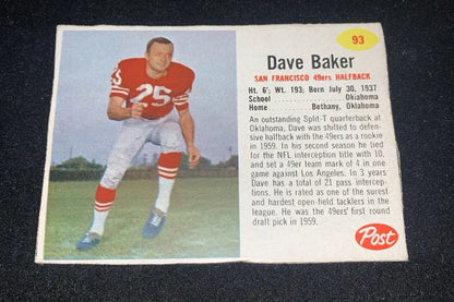 Vintage post cereal football trading card of Dave Baker San Francisco 49ers RARE SP