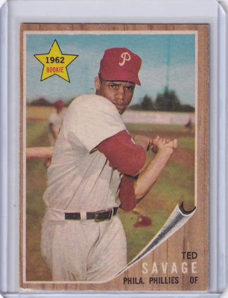 Baseball card of Ted Savage in batting stance for Philadelphia Phillies RC