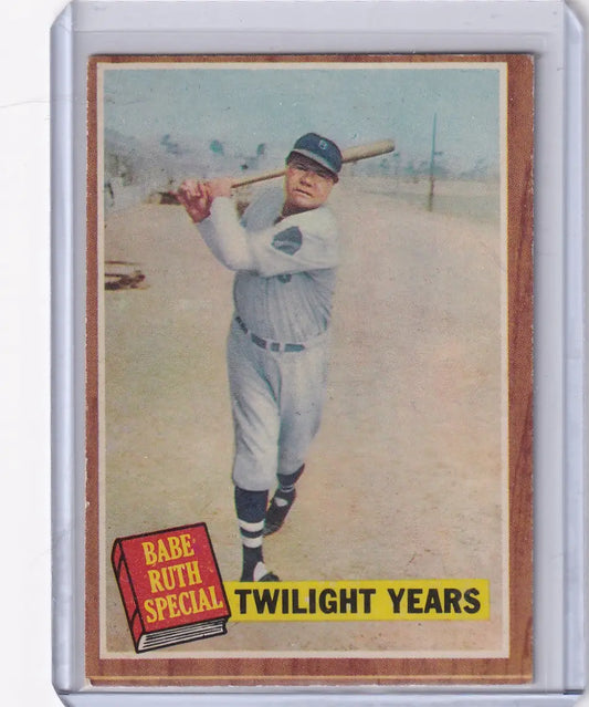 Vintage Babe Ruth baseball card from 1962 Topps Twilight Years series featuring Babe Ruth batting