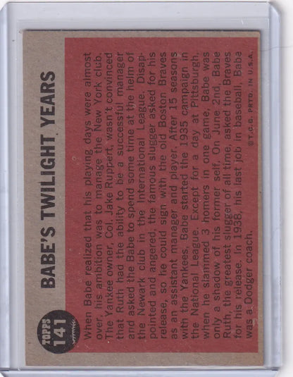 Vintage Babe Ruth baseball card from the twilight years series, Topps 1962 #141