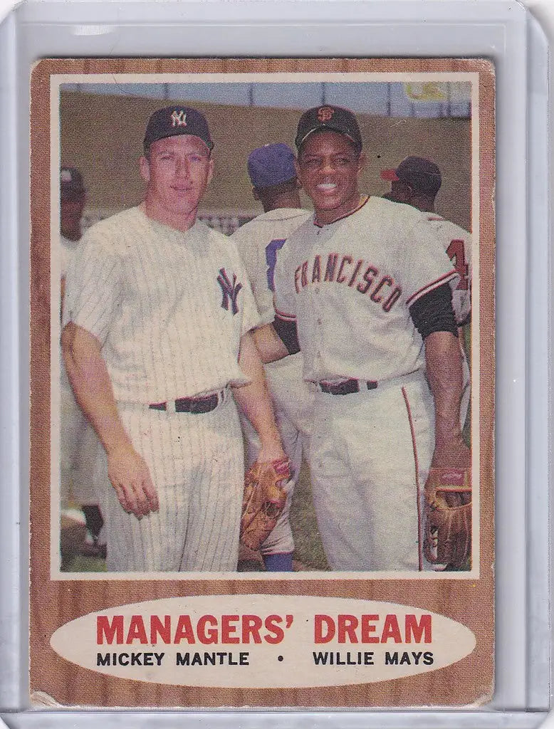 Baseball card featuring Mantle and Mays in 1962 Topps Managers’ Dream trading cards