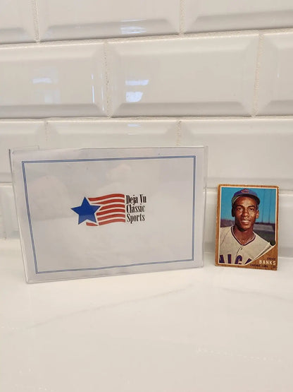 Ernie Banks Topps trading card displayed in a Deja Vu Classic Sports box