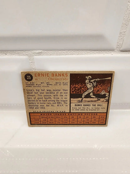 Vintage Ernie Banks 1962 Topps trading card #25 in VG-VGEX condition