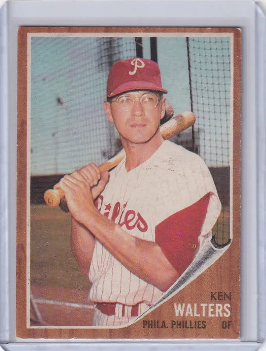 Baseball card of Ken Walters - Philadelphia Phillies player in uniform with bat