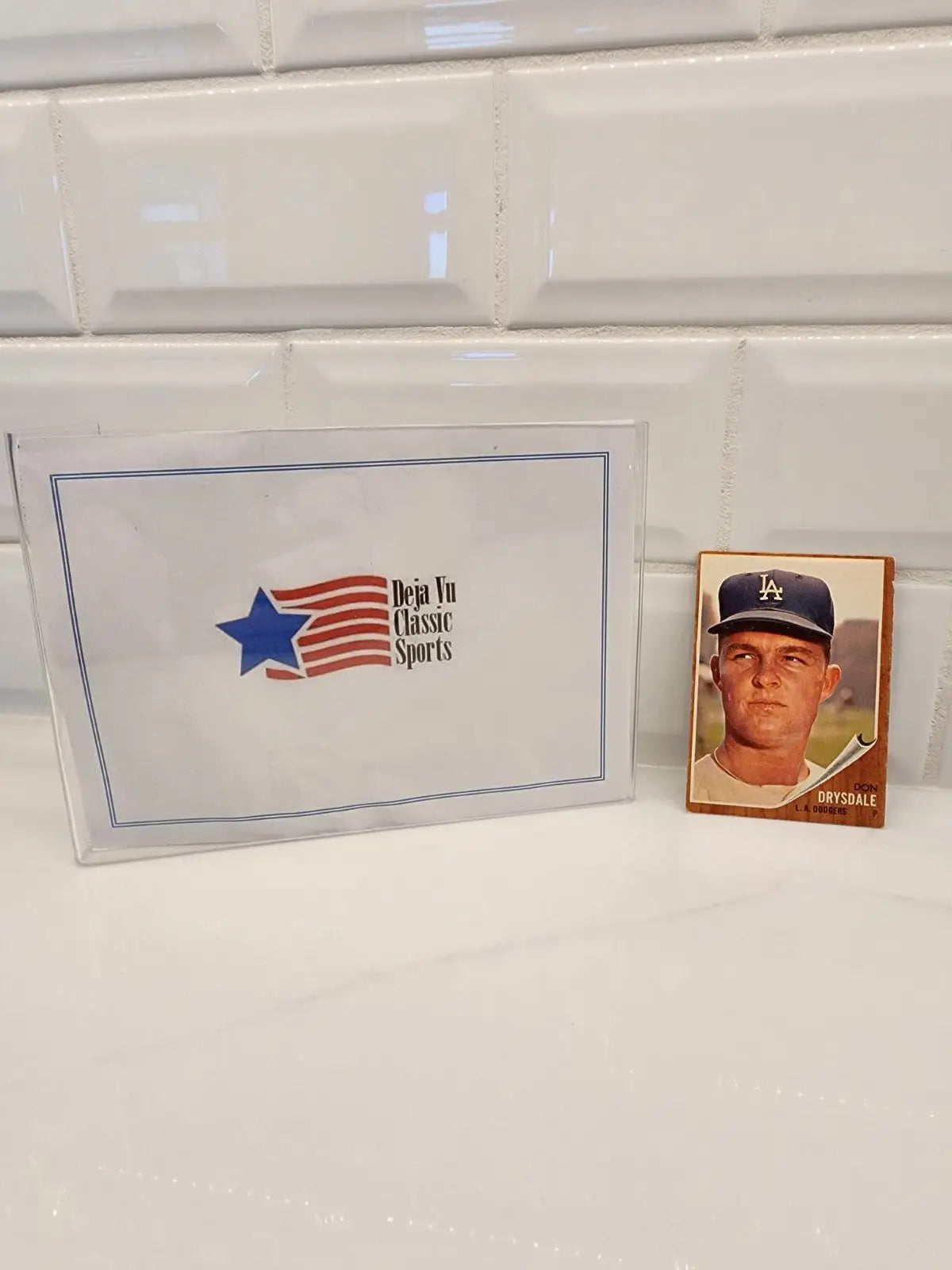Baseball card and Deja Vu Classic Sports box featuring 1962 Topps Don Drysdale trading card