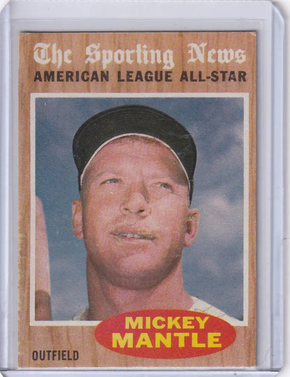 Vintage Mickey Mantle baseball card in protective sleeve 1962 Topps NY Yankees collectible