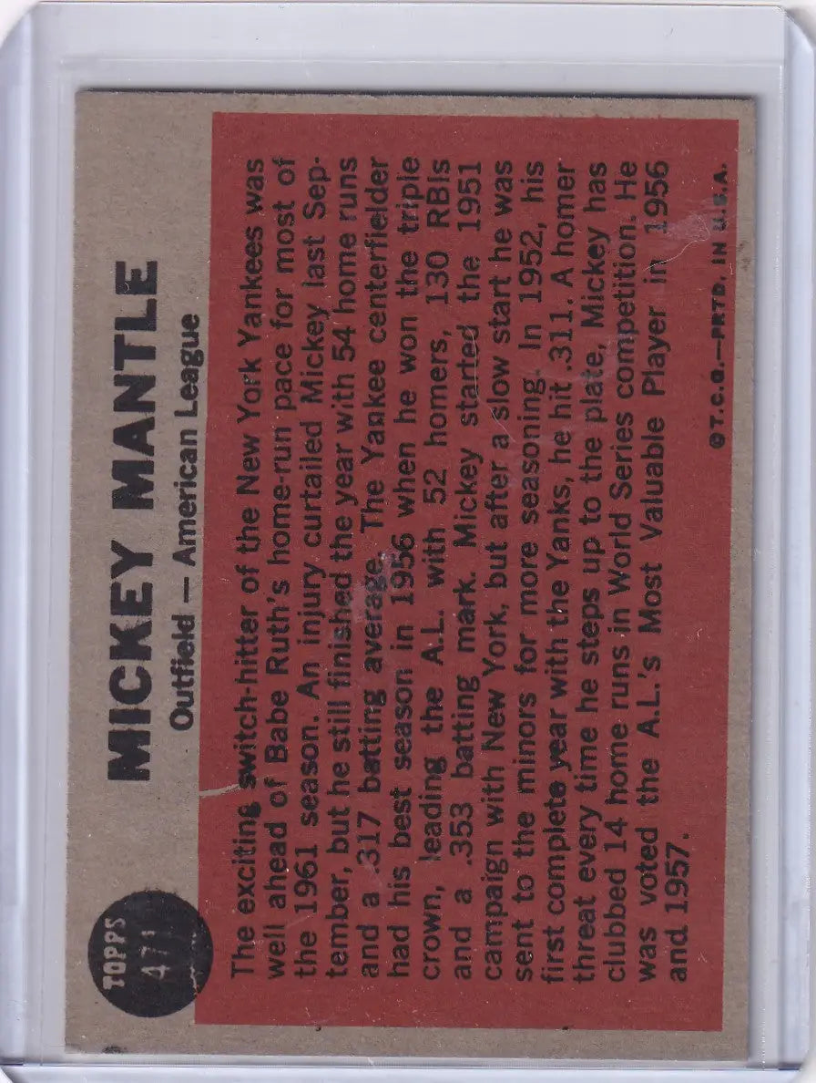 Vintage 1962 Topps Mickey Mantle baseball card featuring New York Yankees player