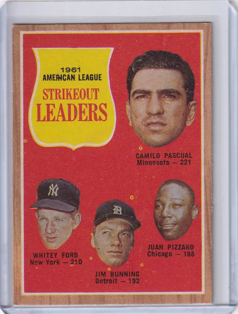 Vintage 1962 Topps card of 1961 AL Strikeout Leaders Pascual, Ford, Bunning, Pizzaro