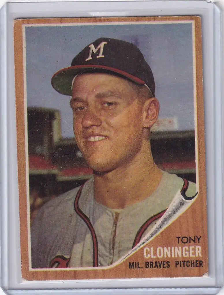Baseball card of Tony Cloninger from the Milwaukee Braves featuring an M cap
