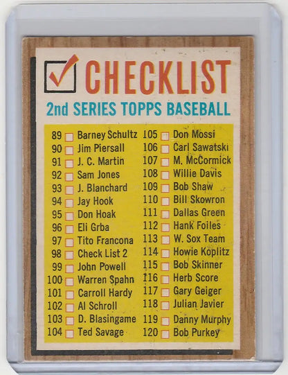 Vintage 1962 Topps checklist 2nd series featuring player names and numbers