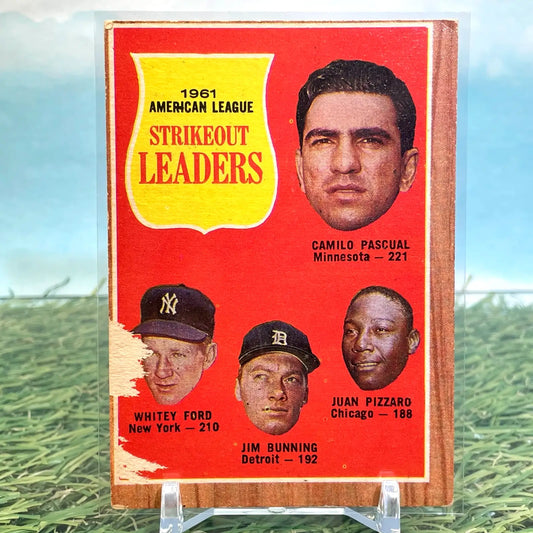 1961 American League Strikeout Leaders baseball card featuring Whitey Ford and teammates