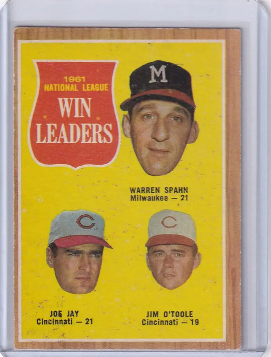 Vintage Topps Baseball card of 1961 NL Win Leaders Warren Spahn, Joe Jay, Jim O’Toole