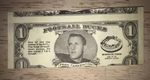 Novelty one-dollar bill from 1962 Topps Bucks Football Card Insert #33 Fran Tarkenton