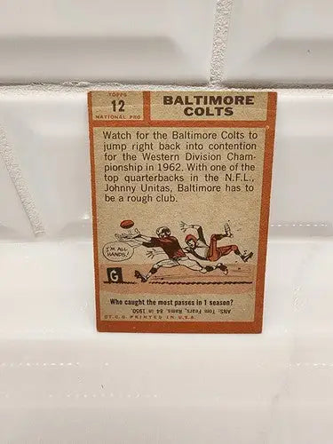 Vintage Baltimore Colts trading card from 1962 Topps Football Baltimore Colts team collection