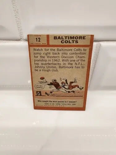 Vintage Baltimore Colts trading card from 1962 Topps Football Baltimore Colts Team Card #12