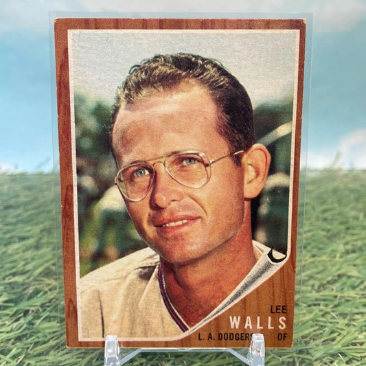 Vintage 1962 Topps Lee Walls Los Angeles Dodgers baseball card with player in glasses