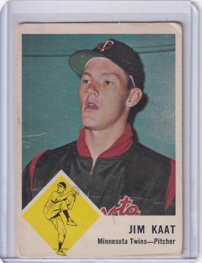 Vintage Jim Kaat baseball card of Minnesota Twins pitcher from 1963 Fleer collection