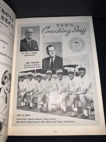 TCU coaching staff yearbook page in 1963 Texas Longhorns signed program Darrell Royal auto