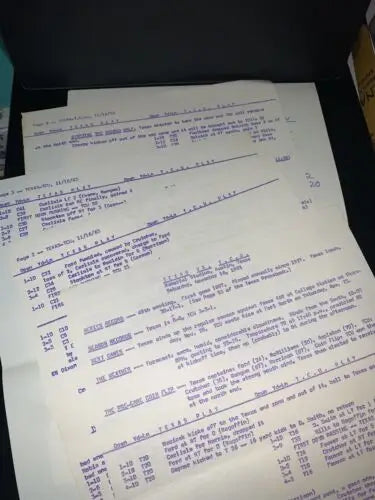 Typed pages of football plays from the 1963 Texas Longhorns TCU signed program