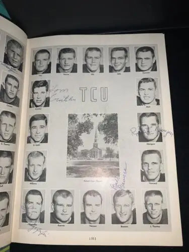 Yearbook page of Texas Longhorns football team in 1963 TCU signed program