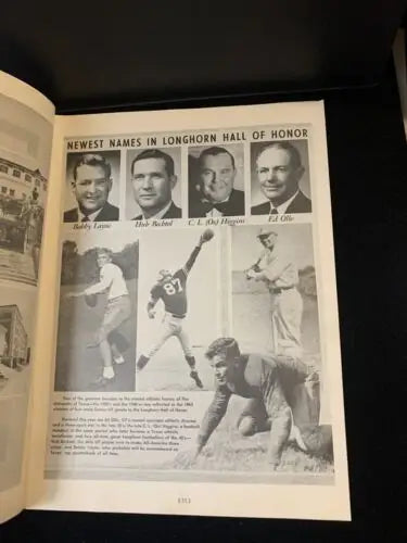 Vintage Longhorn Hall of Honor yearbook page from 1963 Texas Longhorns TCU program signed by Darrell Royal