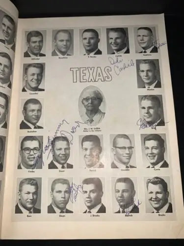 Signed Texas yearbook page featuring Darrell Royal and Texas Longhorns memorabilia