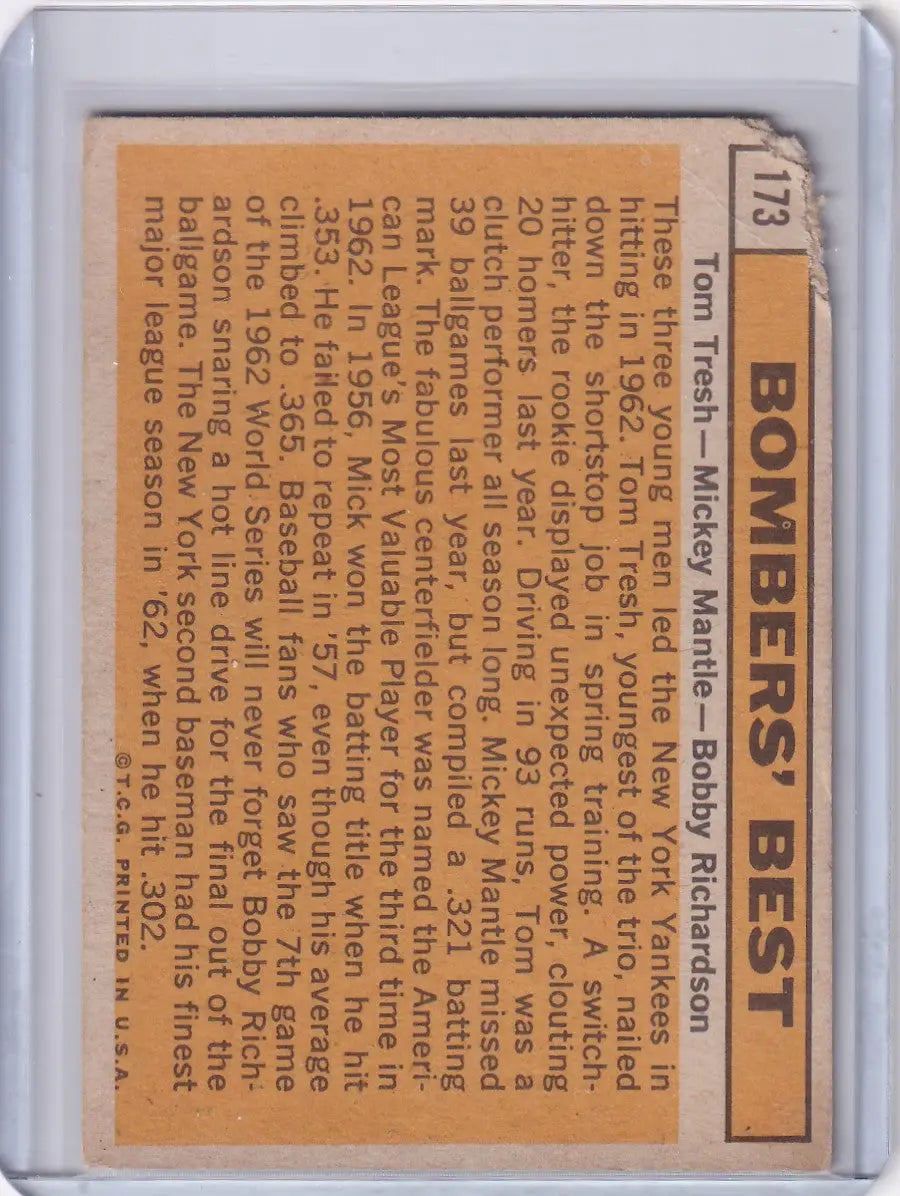 Baseball card featuring Tom Tresh, Mickey Mantle, and Bobby Richardson player stats