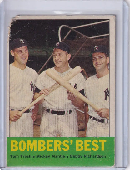 Vintage baseball card of Tom Tresh, Mickey Mantle, and Bobby Richardson from Bombers Best