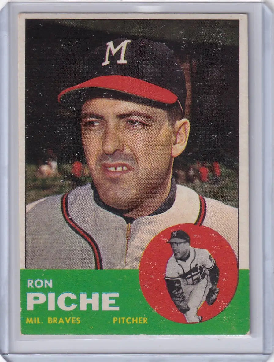 Ron Piche baseball card from 1963 Topps, featuring Milwaukee Braves pitcher Ron Piche