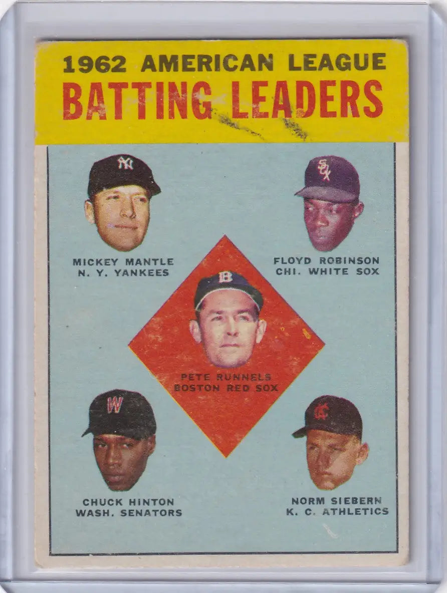 1962 American League Batting Leaders card featuring Runnels, Mickey Mantle, Robinson, Hinton