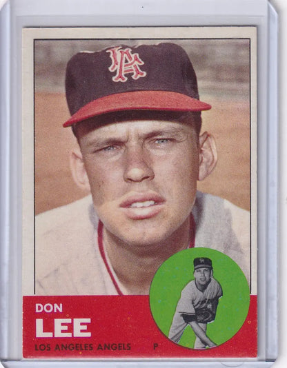 Vintage 1963 Topps Don Lee Los Angeles Angels baseball card with headshot and action shot
