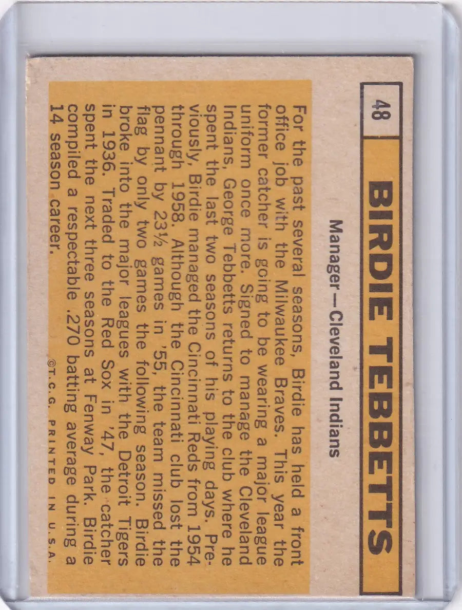 Vintage 1963 Topps Birdie Tebbetts baseball card featuring Cleveland Indians stats
