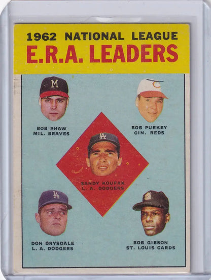 Vintage trading card featuring 1962 NL ERA Leaders - Koufax, Shaw, Purkey, Drysdale, Gibson