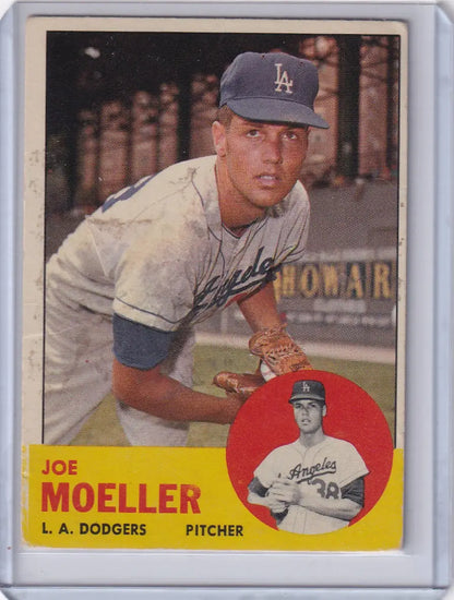 Vintage 1963 Topps Joe Moeller baseball card of Los Angeles Dodgers pitcher in uniform
