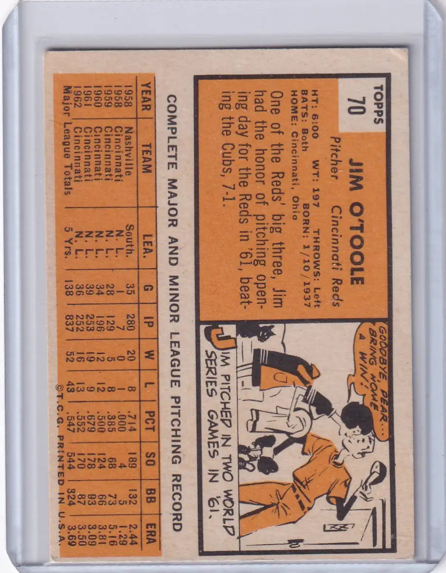 Vintage baseball card featuring Jim O’Toole with Cincinnati Reds stats on orange background