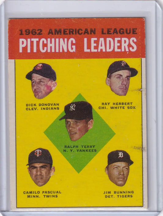 Baseball card of 1962 AL Pitching Leaders featuring Terry, Donovan, Herbert, Bunning