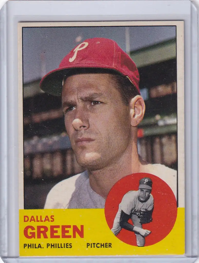 1963 Topps 91 Dallas Green Baseball card of Philadelphia Phillies pitcher in red cap