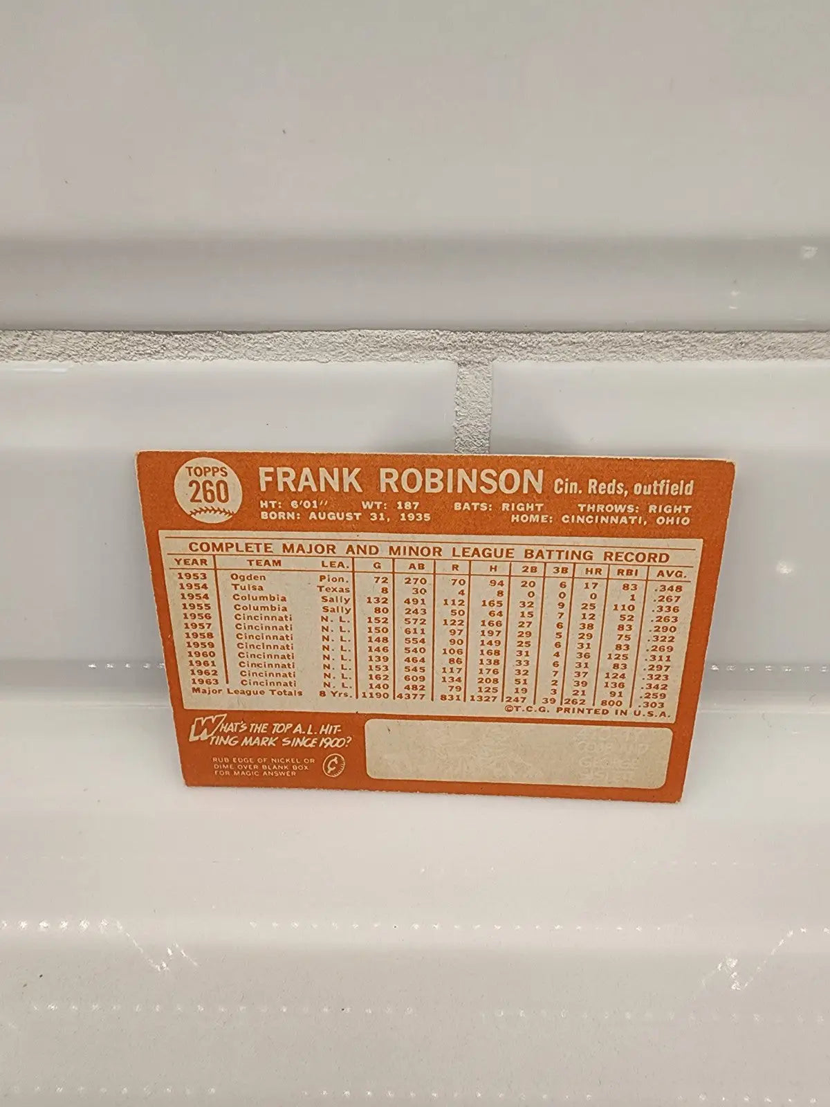 Frank Robinson baseball card from 1964 Topps #260, a collectible Robinson card in excellent condition