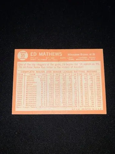 1964 Topps #35 Eddie Ed MATHEWS HOF Blue Line Version Print Error Variation Rare